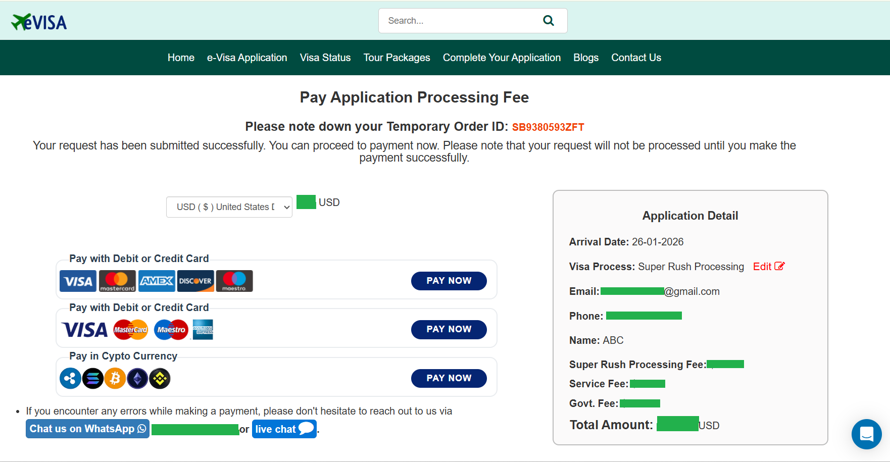 Application Processing Fee Payment